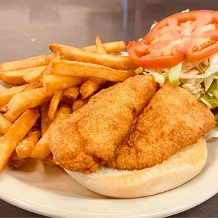 a chicken sandwich and french fries