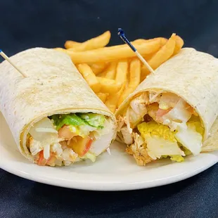 a burrito and french fries