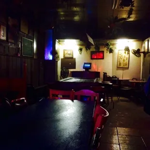 a dark room with tables and chairs