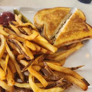 Tuna melt and fries.