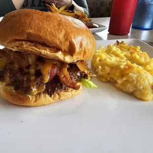 Bacon Cheeseburger with a side of Cheesy Hash Browns