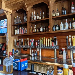 a bar with a variety of liquors