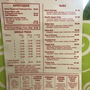 Pizza/sub menu
