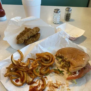 Cheeseburger* Curly Fries chicken tenders