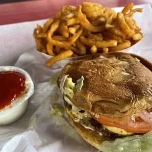 Baby cheeseburger and small curly fries