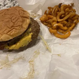 Double Meat &amp; Single Cheese* with bacon and Curly Fries good!