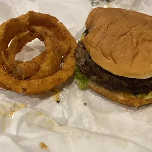 Small Double Meat* no cheese and a couple onion rings -burger good, onion rings-not