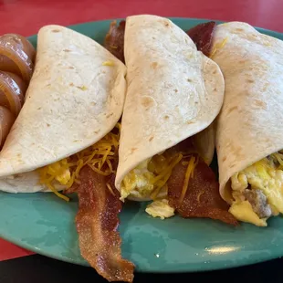 2 Bacon &amp; 1 Sausage Breakfast tacos