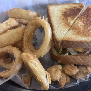 Shrimp on toast and onion rings