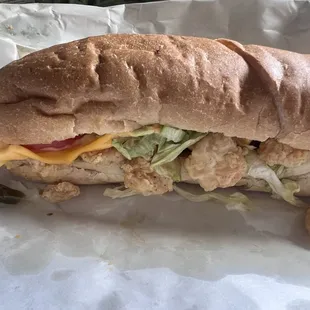 Shrimp poboy dressed  (added cheese and jalapeños)