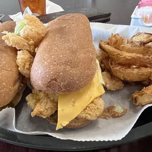 Shrimp Poboy and onion rings