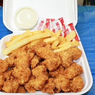 Popcorn Chicken. Very large portions. Would definitely last for two meals.