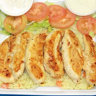 Grilled Chicken with rice and salad.