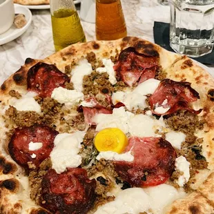 a pizza on a white plate on a table