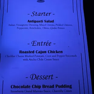 Dinner show menu