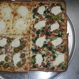 Dante's white pizza, white pizza, and capri pizza in a grandma style pizza