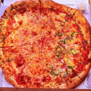 A 20&quot; half cheese and half jalapeno + pineapple pizza. Decent.