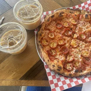 Pepperoni pizza (coffee from heirloom)