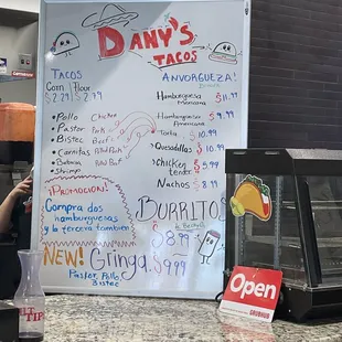 a menu on a whiteboard