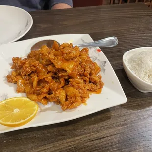 Orange chicken with steamed rice