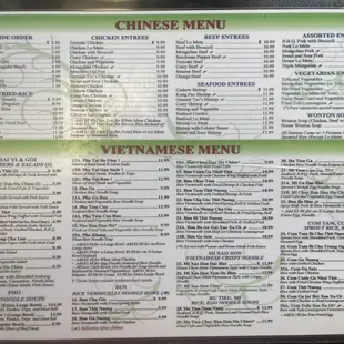 Chinese and Vietnamese menu
