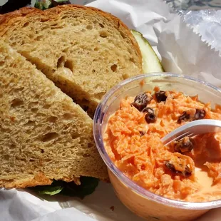 Home made carrot raisin salad as a side to my BLT on Oatmeal bread with pickle spear