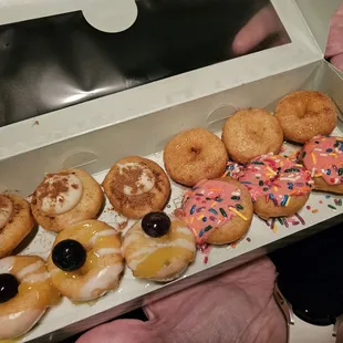 a dozen donuts in a box