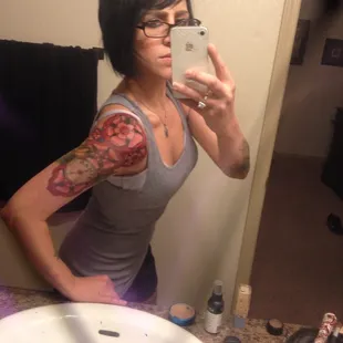 The upper arm piece... Flower shoulder cap (includes a cover up of letters) &amp; compass w/ needle pointing towards my son's name