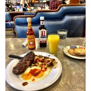 Chopped Steak &amp; Eggs.w/English Muffin. Freshly SQ OJ. Nice &amp; Tasty. Dapper&apos;s East.Chicago&apos;s Old Fashion Breakfast/Lunch Place. Cool!