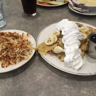 Banana Pecan Crepes and Hash Browned Potatoes, cream of chicken soup and a snippet of the Cajun Burger