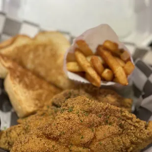 Real Catfish Fillets deep fried with our seasoned corn meal served with Honey butter toast.