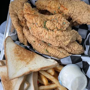 Catfish swai Real Catfish Fillets deep fried with our seasoned corn meal served with Honey butter toast and pickles &amp; peppers.