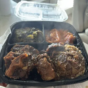 Oxtail Plates with White Rice, Greens, Yams, Cornbread