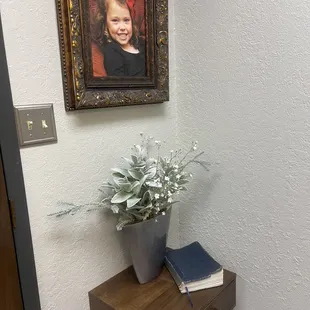 a potted plant on a small table
