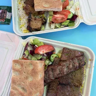 Shishlik Kabob (lamb), Fillet Kabob Barg and Rice, Beef Koobideh (soltani)
