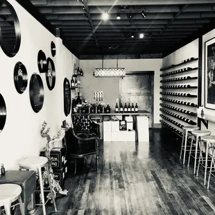 a black and white photo of the tasting room