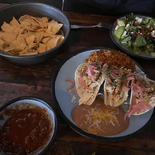 Shrimp Tacos, chips, salsa