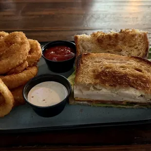 Grilled Cheese sandwich and onion rings, both very good.