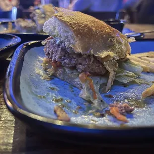 Crumbly bread buns and microwaved square patties.