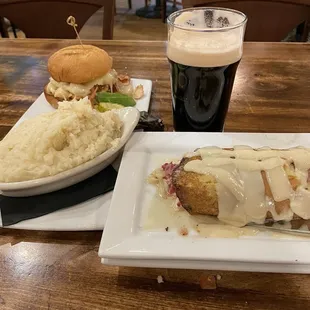 Chicken Ranch Melt with GF bun, mashed potatoes &amp; the daily special, Corned Beef Boxty