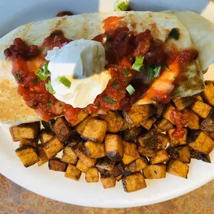 Breakfast burritos and homemade hash.