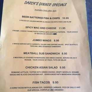 Darcy's dinner menu