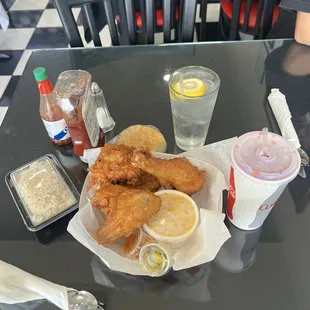 Fried chicken  Mac and cheese  Rice and gravy  Kool-Aid