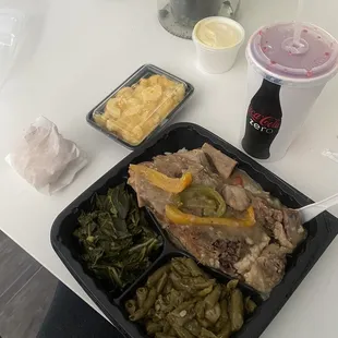 Koolaid, Short ribs, greens, green  beans with potatoes &amp; Mac&apos;n cheese. Fire!!