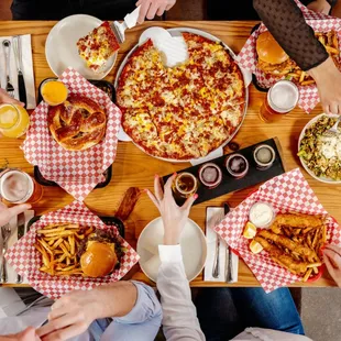 Tavern pizza, smash burgers, jalapeno &amp; honey chicken sandwich, brussels sprouts