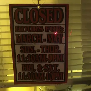 Actual hours for March-May. Hours on Yelp are incorrect.