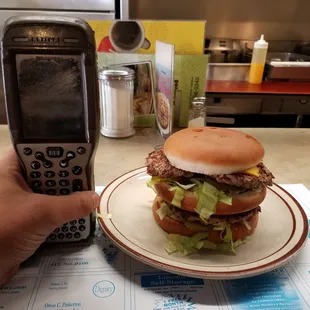 a hamburger and a cell phone