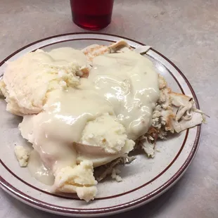 Hot Turkey sandwich with gravy and potatoes, minus the bread for a sandwich! My sister just wanted turkey, potatoes and gravy!