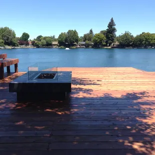 800 square foot two level redwood deck with built in fire pit
