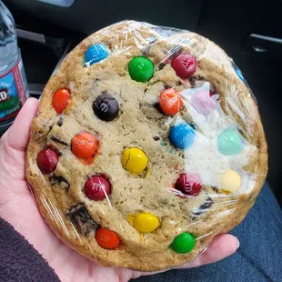 a person holding a chocolate chip cookie